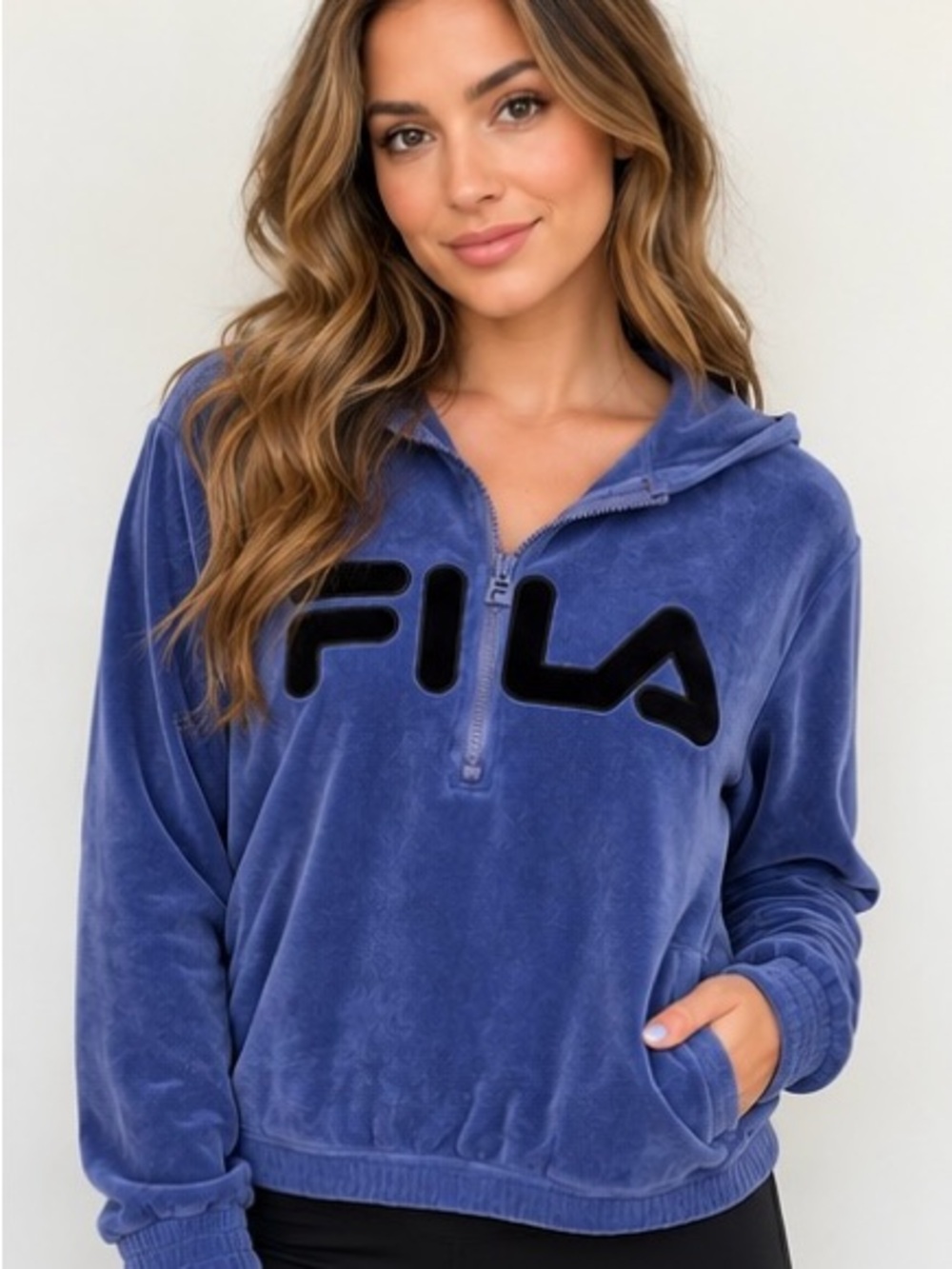 FILA Women’s Velour Quarter Zip Hoodie Blue Y2K Logo Pullover Size M